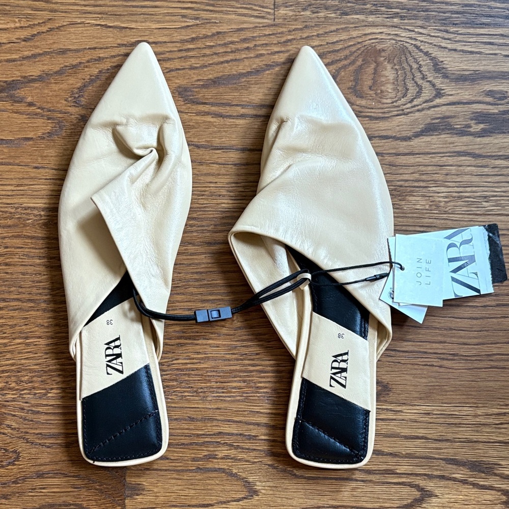 Zara Women's Tan Leather Pointed Mules